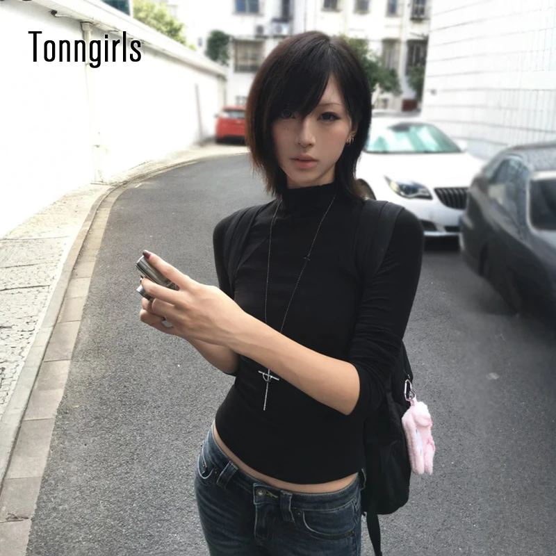 

Tonngirls Y2k японская футболка женская с длинным рукавом черная полуводолазка футболки винтажные классические стильные тонкие базовые топы уличная одежда