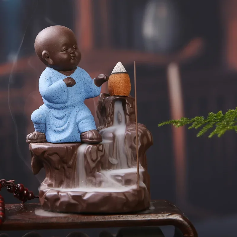 YXY Handmade Buddha Backflow Incense Burner Ceramic Monk Home Decor Temple Buddhist Supplies Waterfall Landscape Decoration