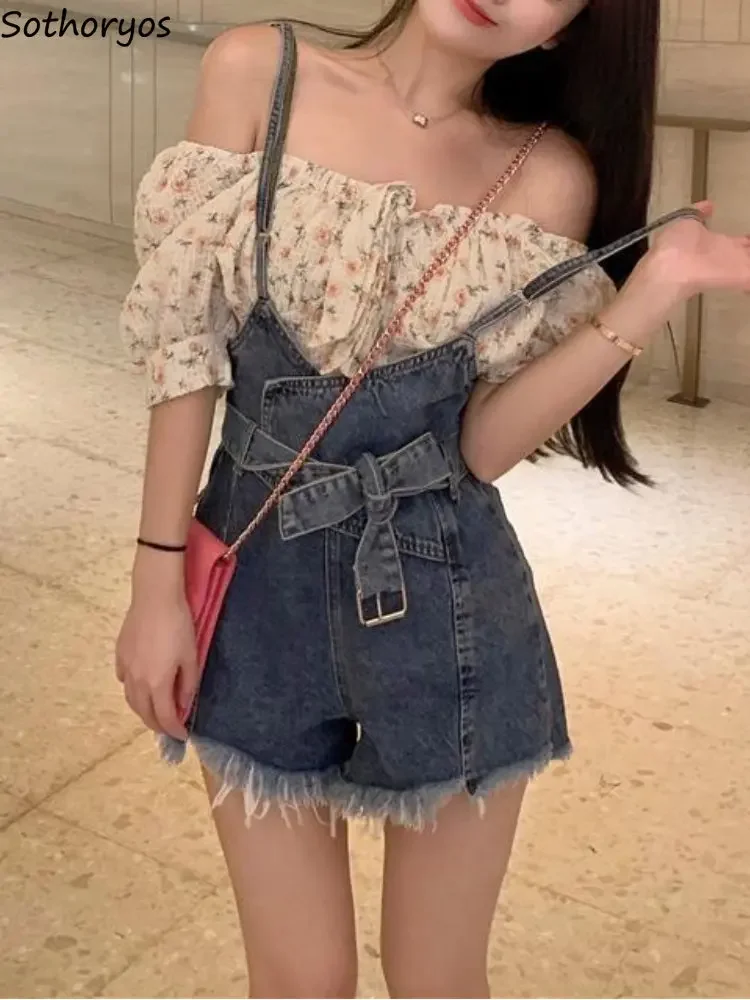 Denim Rompers Women S-5XL Sweet Ulzzang Belt Design Kawaii High Waist Summer Girls Simple All-match Fashion Breathable Casual