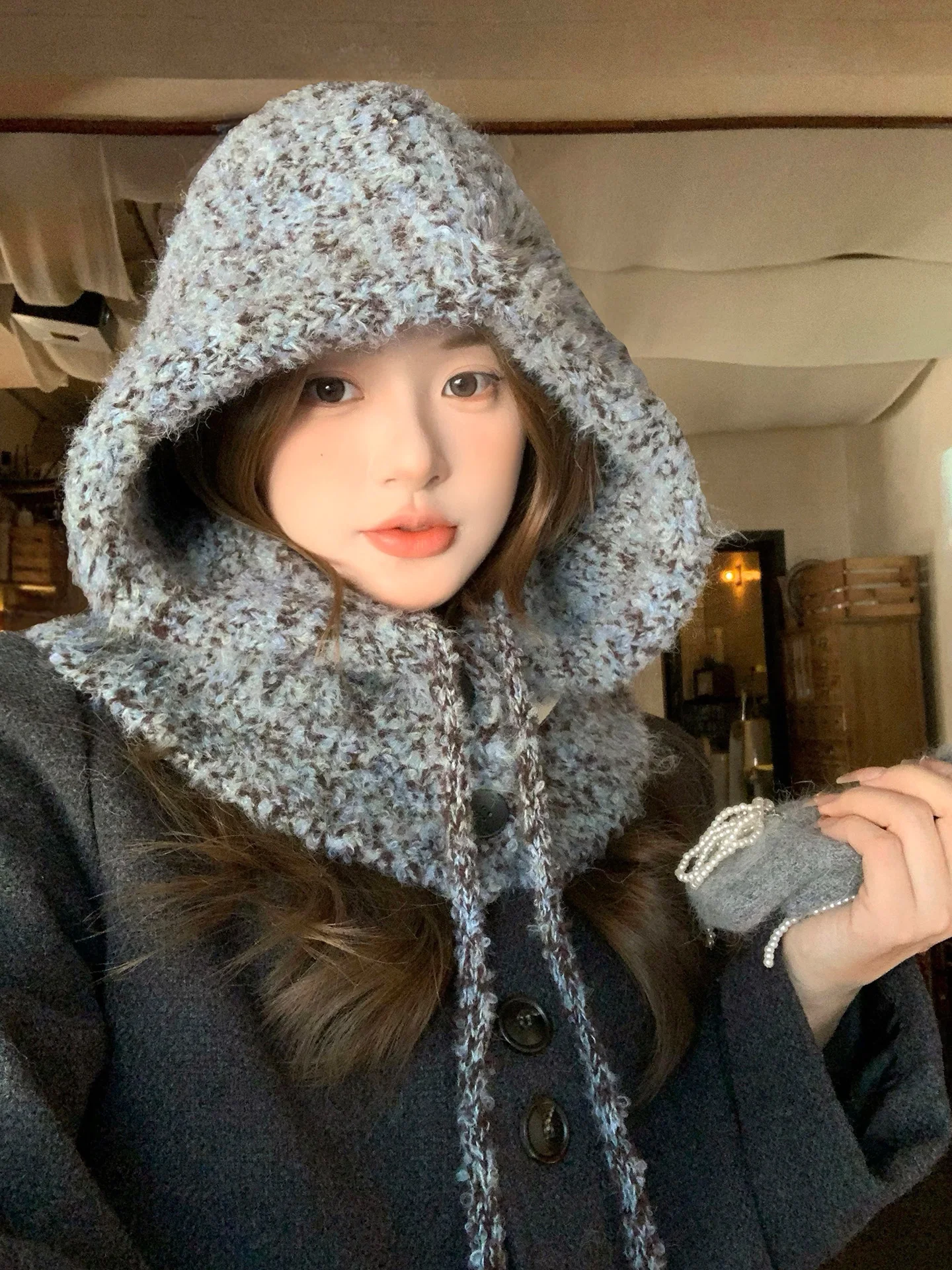 Korean Style Large Head Size Mixed Color Balaclava Hat Women's Winter Thick Warm Woolen Hat Ear Protection Hooded Scarf