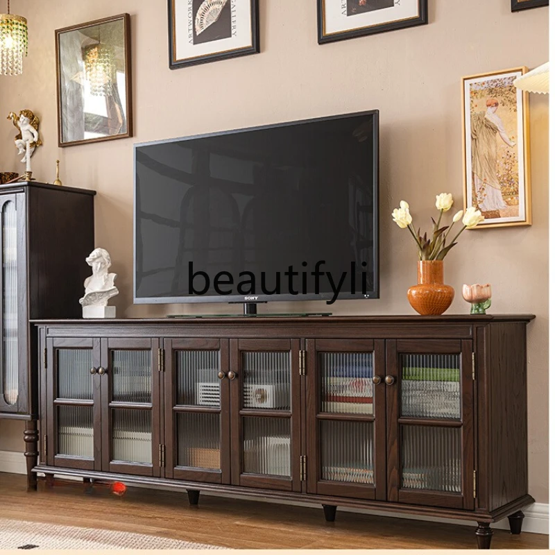 

American solid wood TV cabinet French retro high floor cabinet light luxury TV cabinet