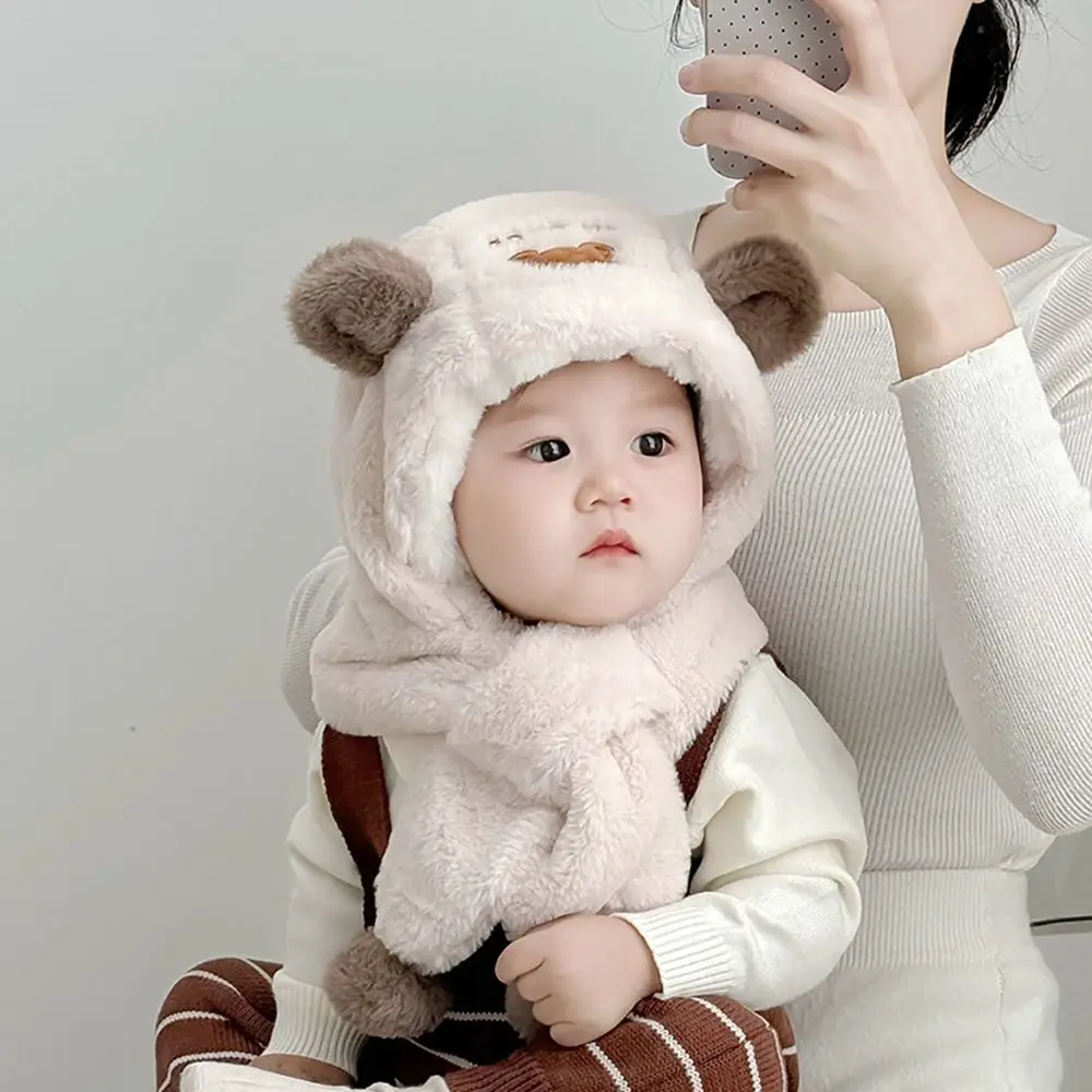 

New Warm Fluffy Fur Baby Hat Windproof Cartoon Beanie Ear Protection Lightweight One Piece Scarf Cap Winter
