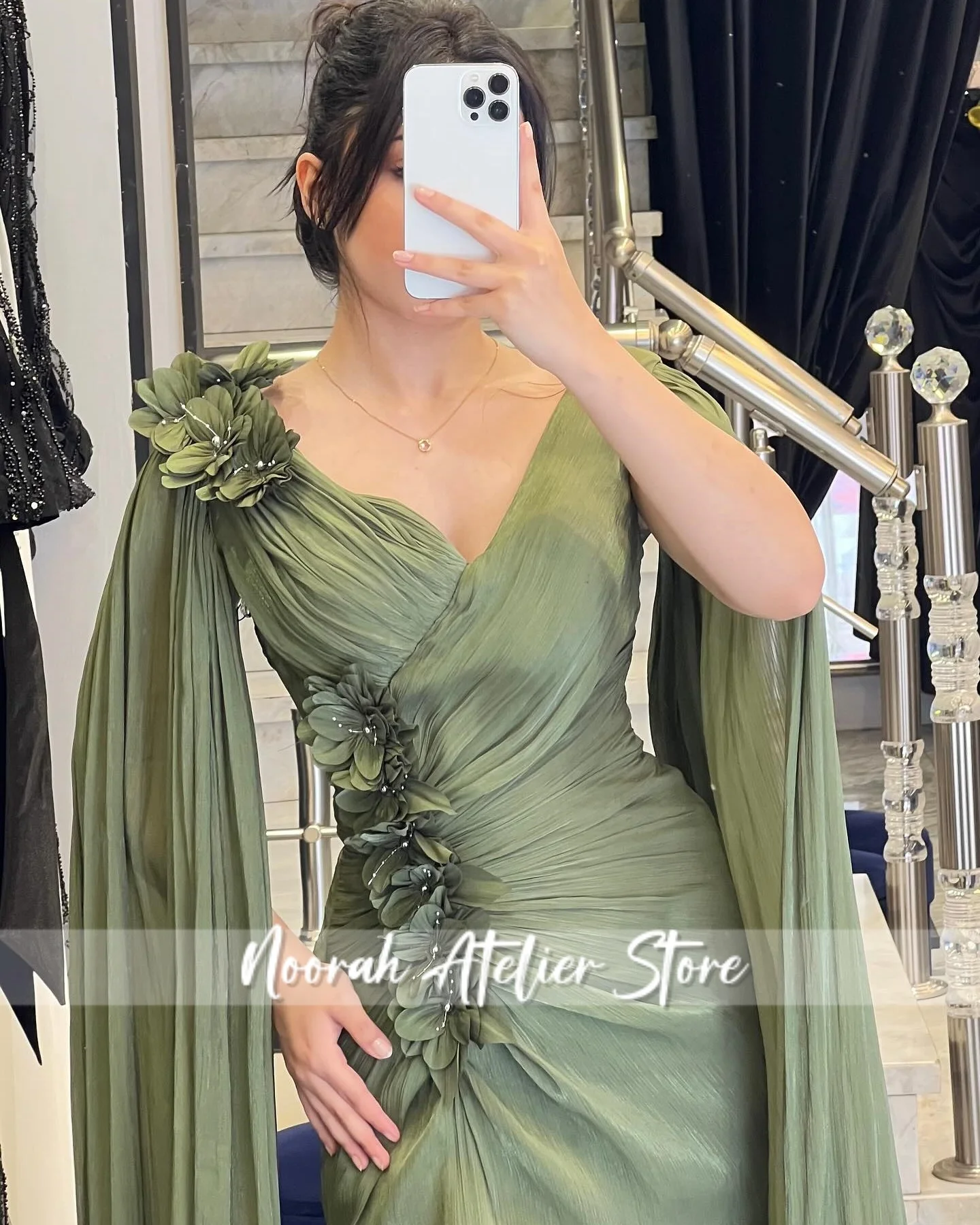 Nuevo vestido de noche verde de Dubái con flores en 3D, vestido de novia de 2025, vestido de fiesta de manga larga, vestido de fiesta para ocasiones especiales personalizado