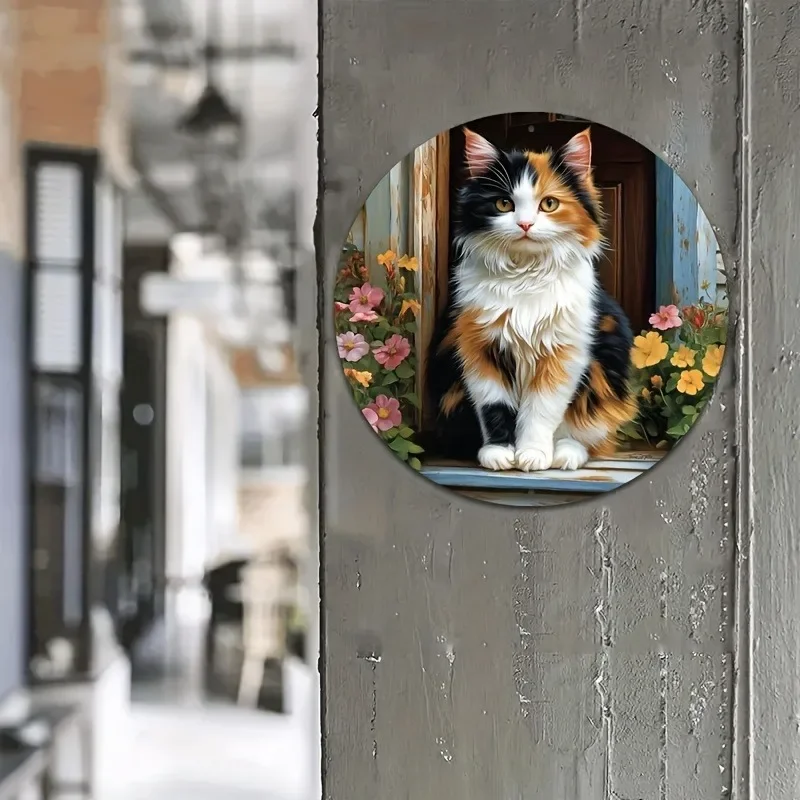 1pc 2D Flat Round Metal Tin Sign 20x20 Inch Fluffy Calico Cat Wildflower Print Wall Plaque, Farmhouse Porch Garden Balcony Indoo