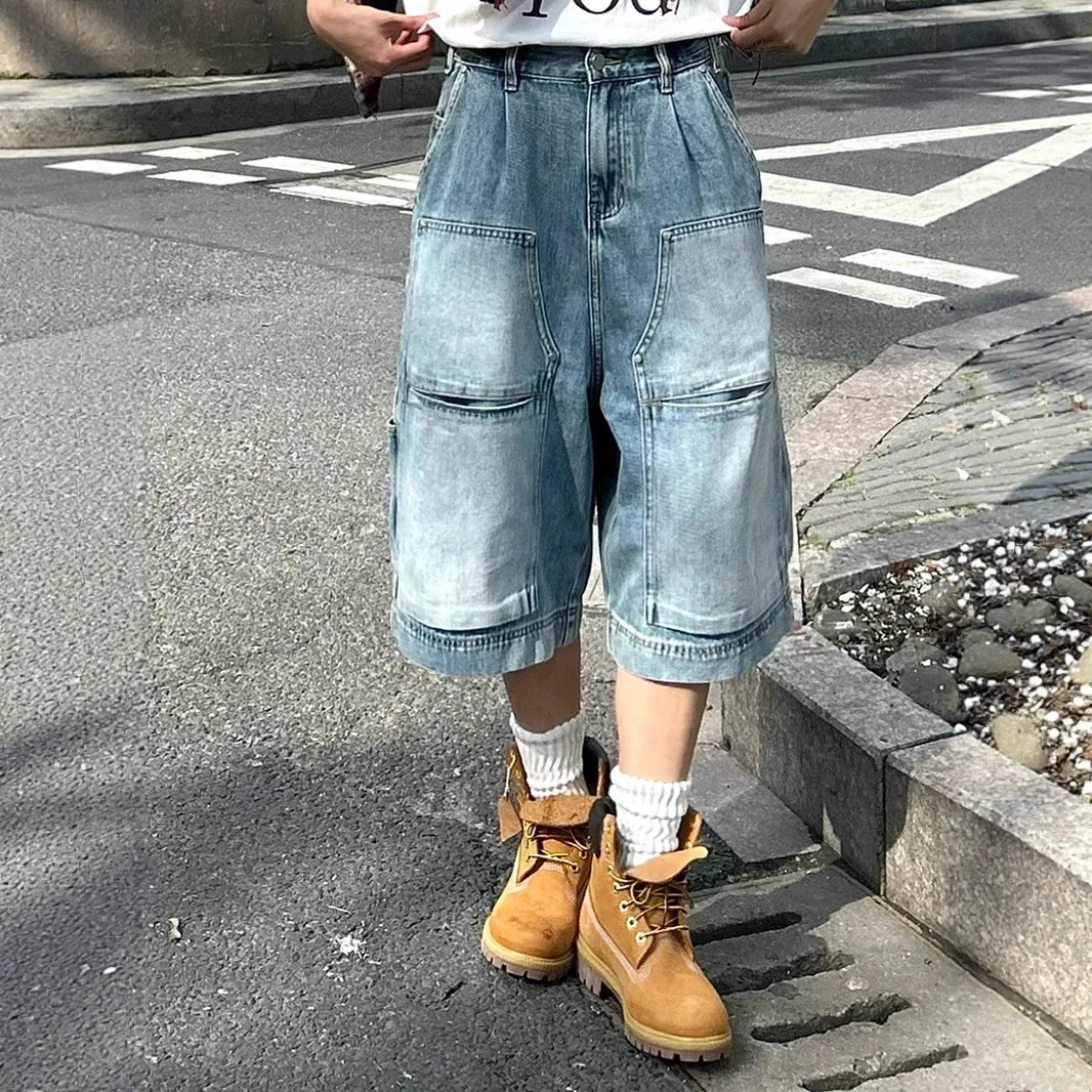 2026 American New Fashion Vintage Men's Light Blue Casual Simple Basic Trendy Loose Knee Length Denim Trousers Male Jeans Shorts