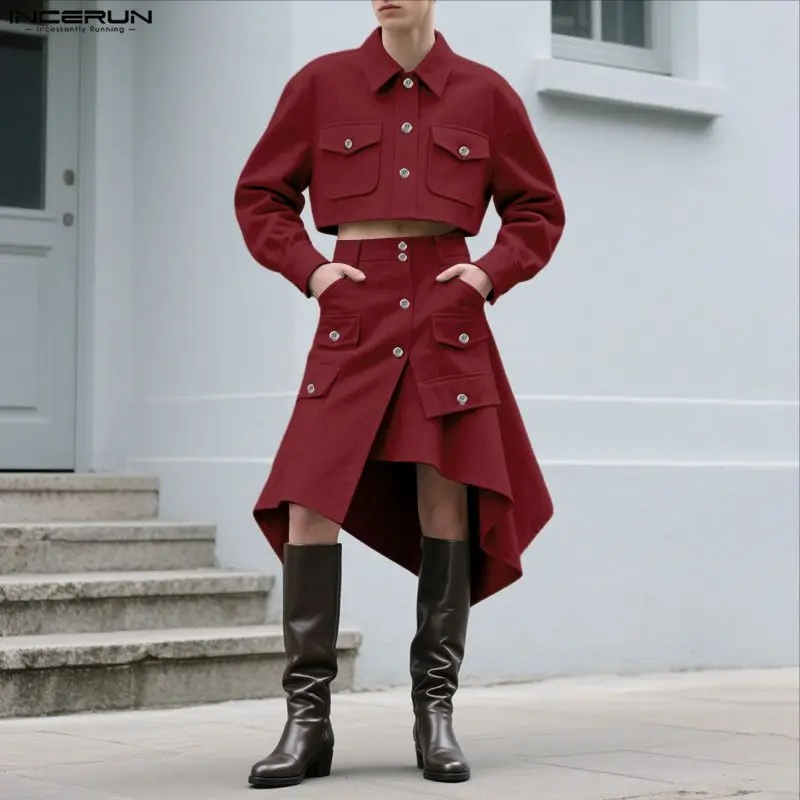 INCERUN Men Sets Solid Lapel Long Sleeve Crop Jackets & Skirts Two Pieces Sets Personality Streetwear Fashion Men's Casual Suits