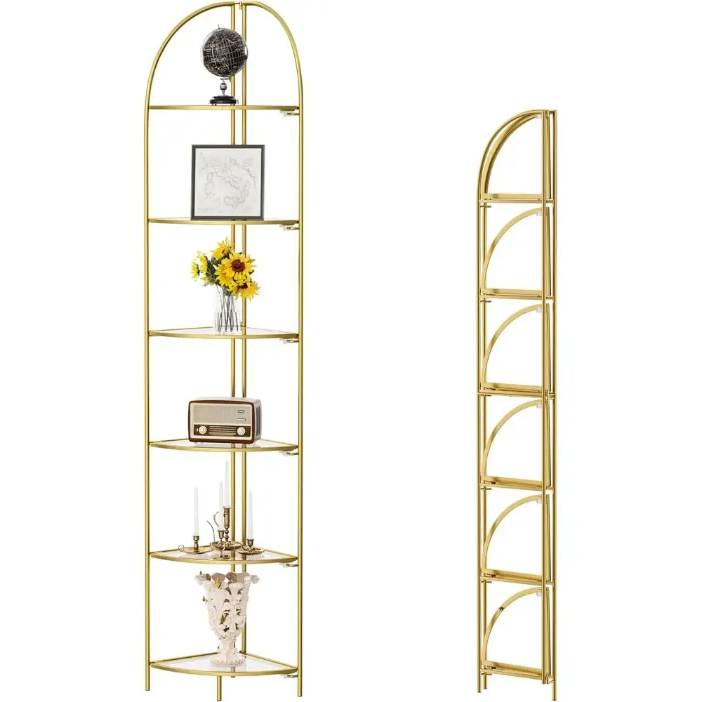 6-Tier Metal Plant Stand with Gold Accents and Transparent Shelves, Versatile Display Rack for Living Room, Bedroom, or Bathroom