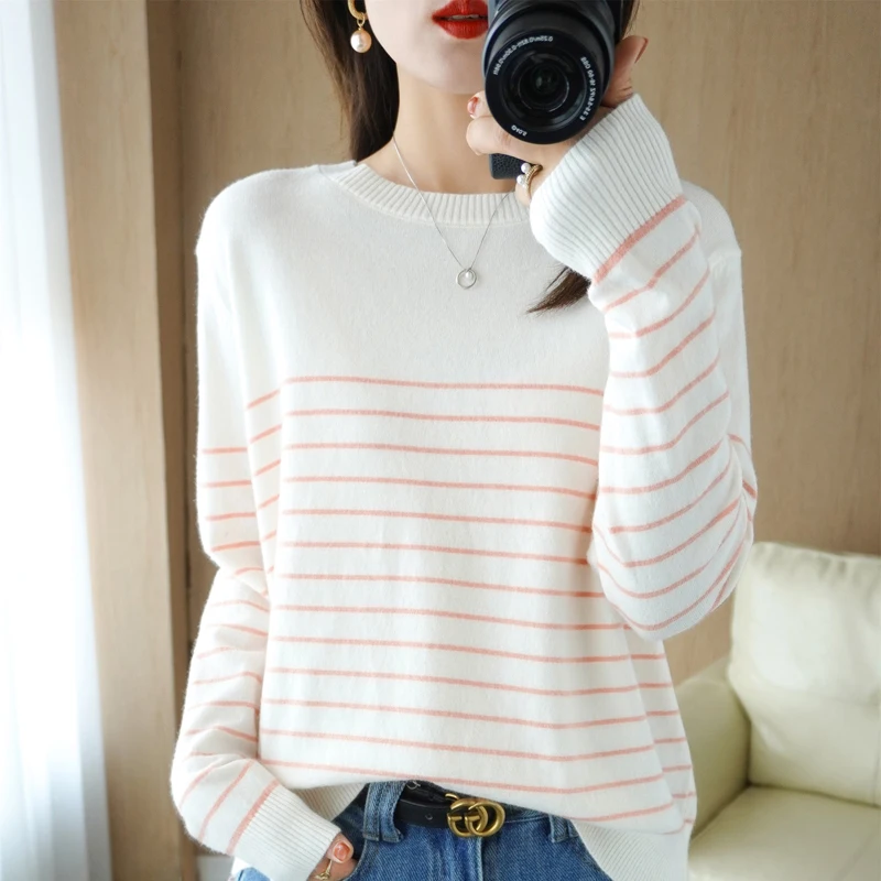 100% Cotton Knitted Sweater Women\'s Sweater Striped Color Matching Round Neck Large Size Loose Temperament Long Sleeve Bottoming