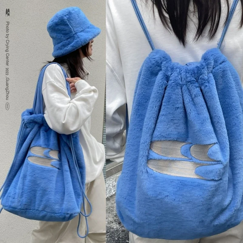 Korean Fashion Streetwear Underarm Shoulder Bag High Capacity Women Drawstring Tote Bags Casual Soft Plush Backpacks Mochila