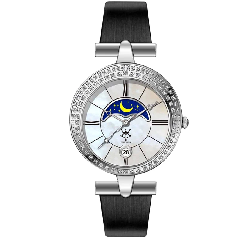 

Time Token Elegant Women Moon Phase Calendar Watch Genuine Leather Diamond Case Casual Luxury Antique Female Quartz Wristwatch