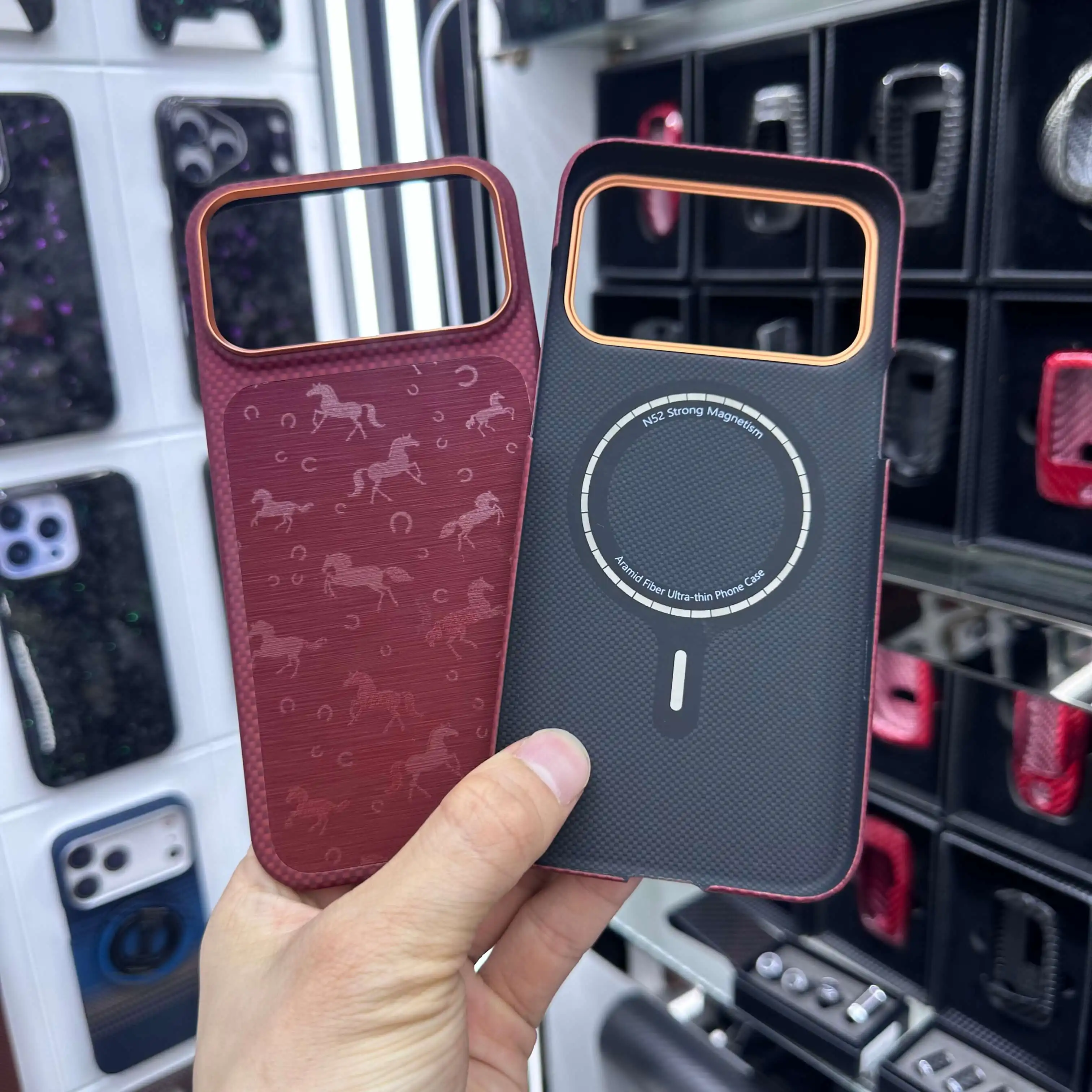 For iPhone 17 Pro Max Kevlar Aramid Fiber Case with Genuine Leather Inlay, Ultra Thin Hollow-Out Design Magnetic Magsafe Cover - view 3