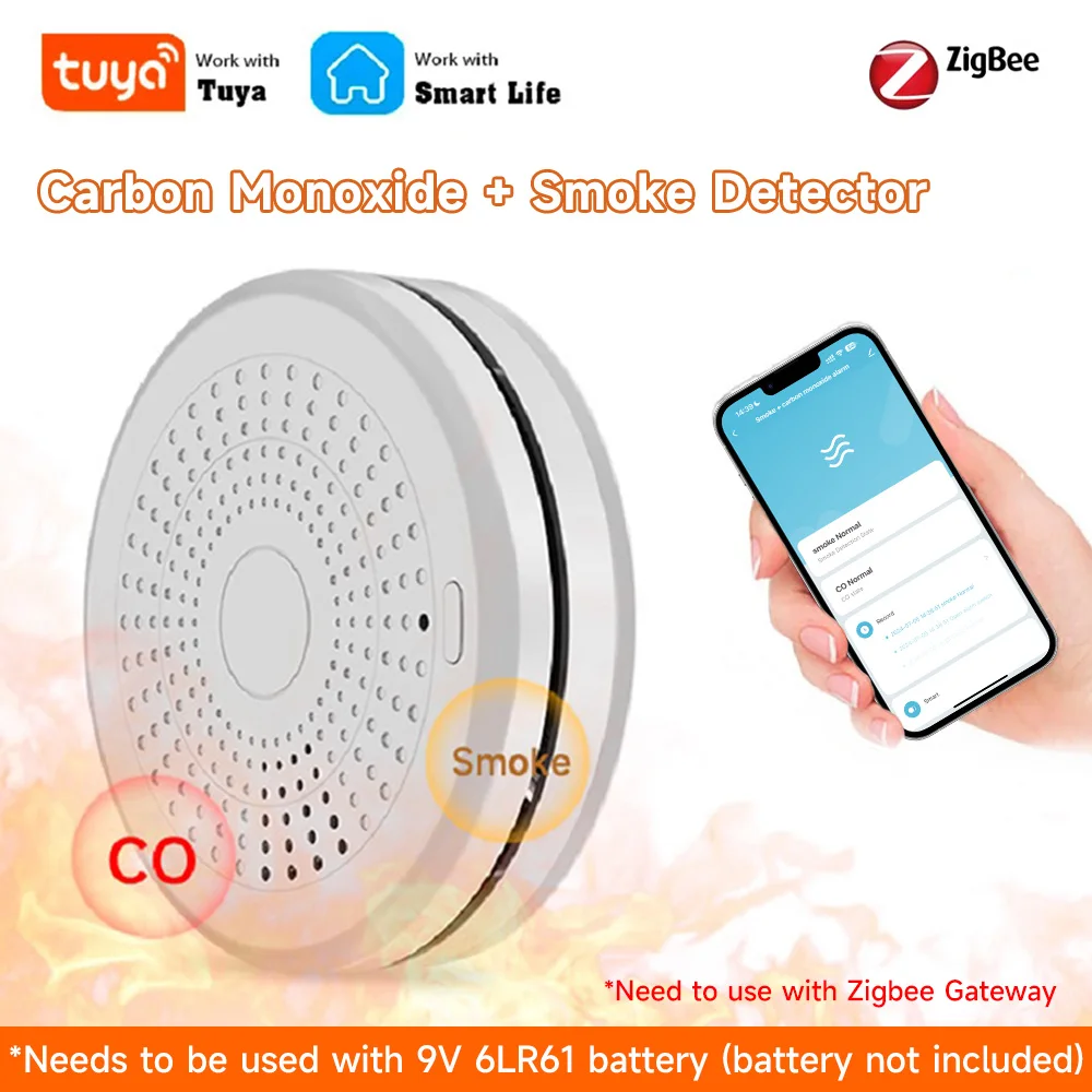 Tuya 2-in-1 WiFi/ZigBee Smoke Alarm & Carbon Monoxide Sensor Wireless Remote Monitoring Home Security Dual Sensor with Alexa & G