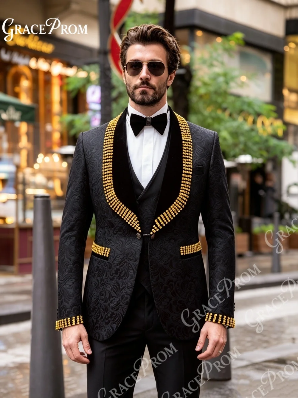Best Seller Black Jacquard Mens 3PCS Suit Gold Crystal Shawl Double Breasted Groom Tuxedo Jacket Trousers Set For Wedding Party
