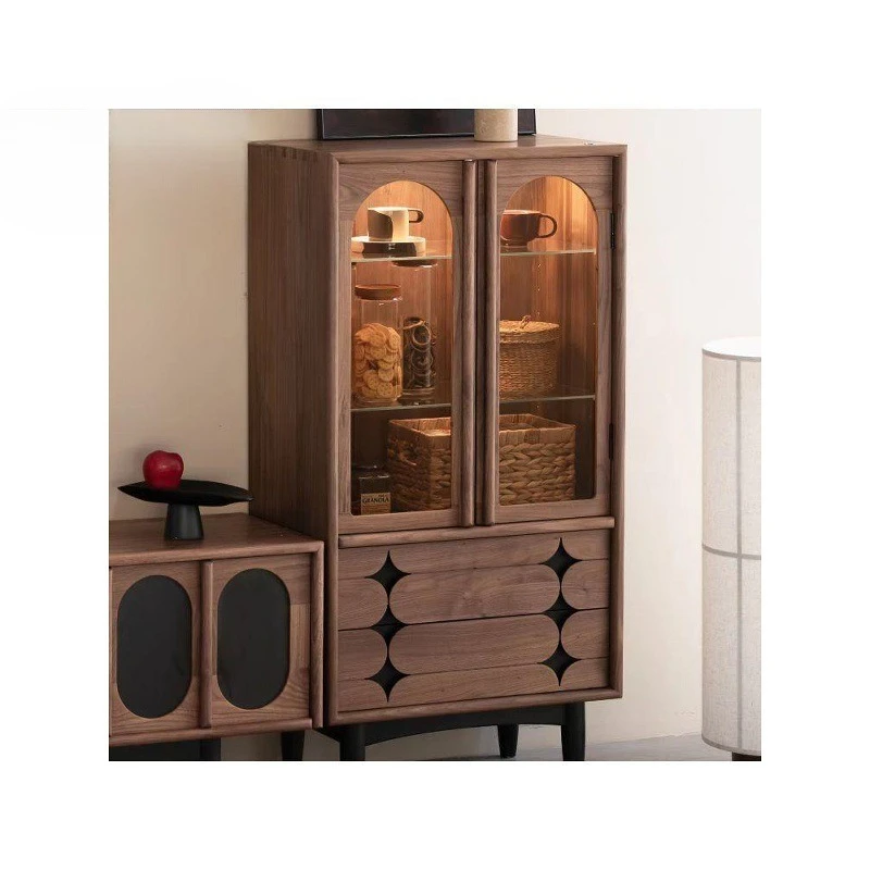 New black walnut color side cabinet removable locker living room storage cabinet villa high-end glass door display cabinet