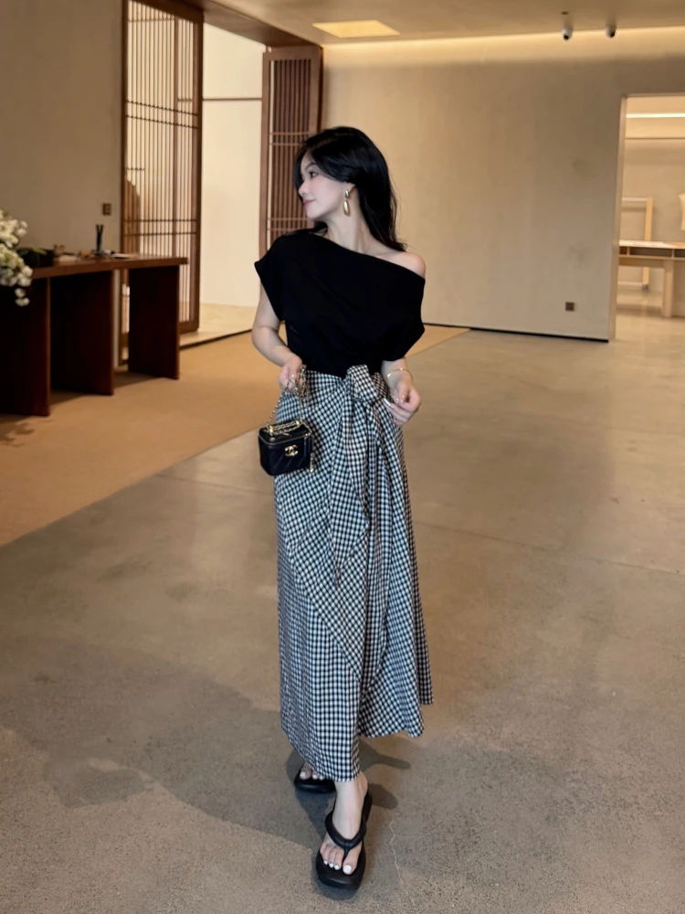 

Ele Bla White Chboard Pattern Asymmetrical Tie Waist Long Skirt Slimming Meat Covering Midi Skirt