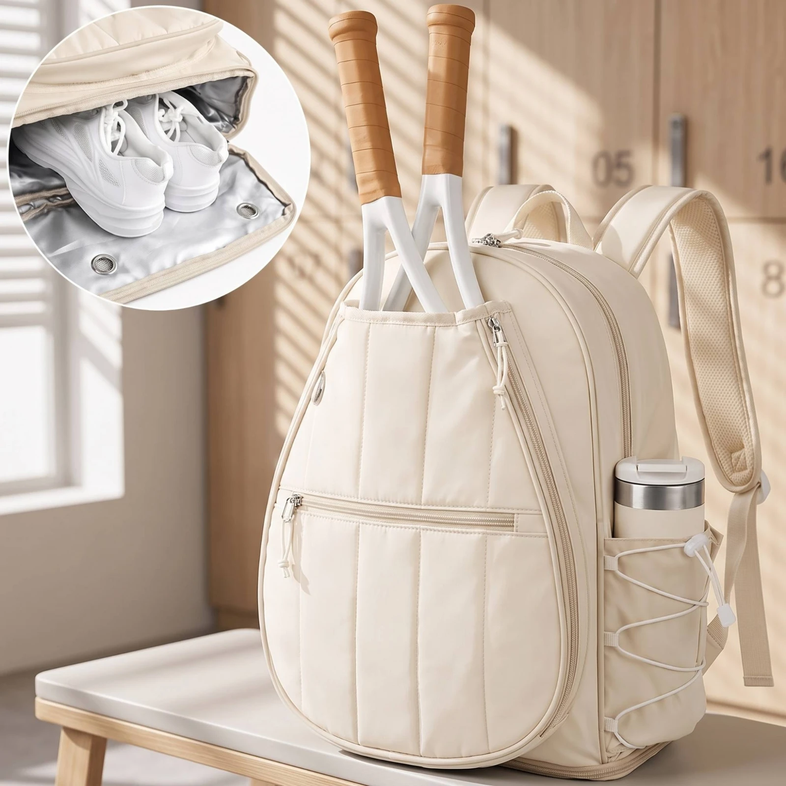 Tennis Backpack with Shoe Compartment Quilted Tennis Backpack Ventilated Padded for Athletes, Gym, Travel