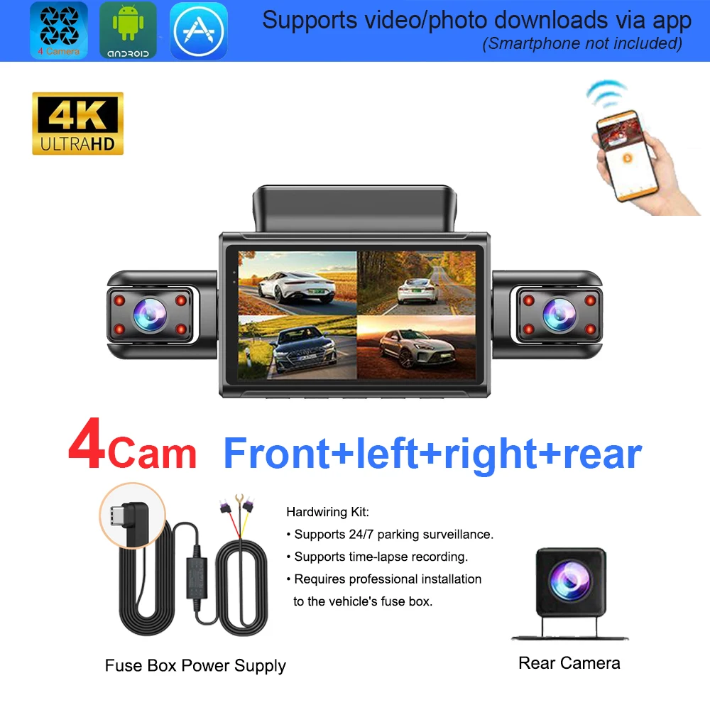 4K 4CH Verborgen Dashcam met APP Nachtzicht Bewegingsdetectie 24/7 Parkeerbewaking G-Sensor Loop Recording WDR Blackbox Auto DVR