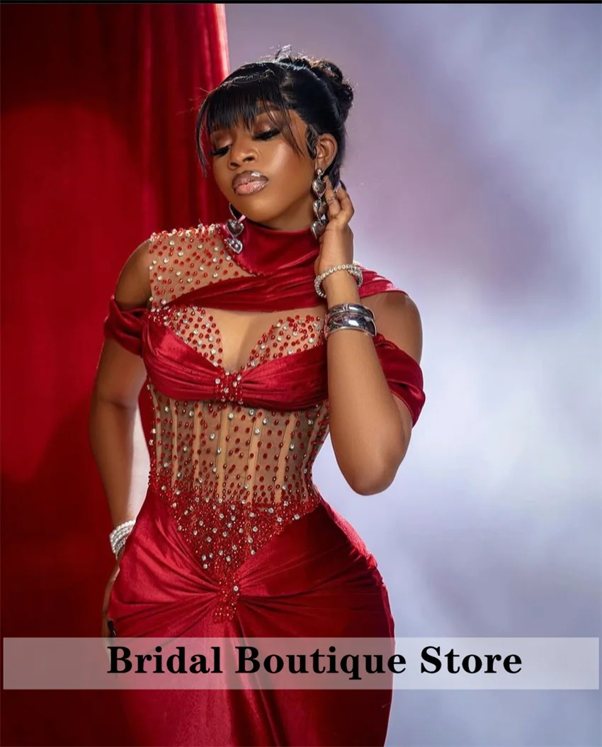 Shining Red Mermaid Evening Dress 2024 Off Shoulder Sexy Corset Glitter Beading Diamonds Prom Wedding Party Gowns Aso Ebi