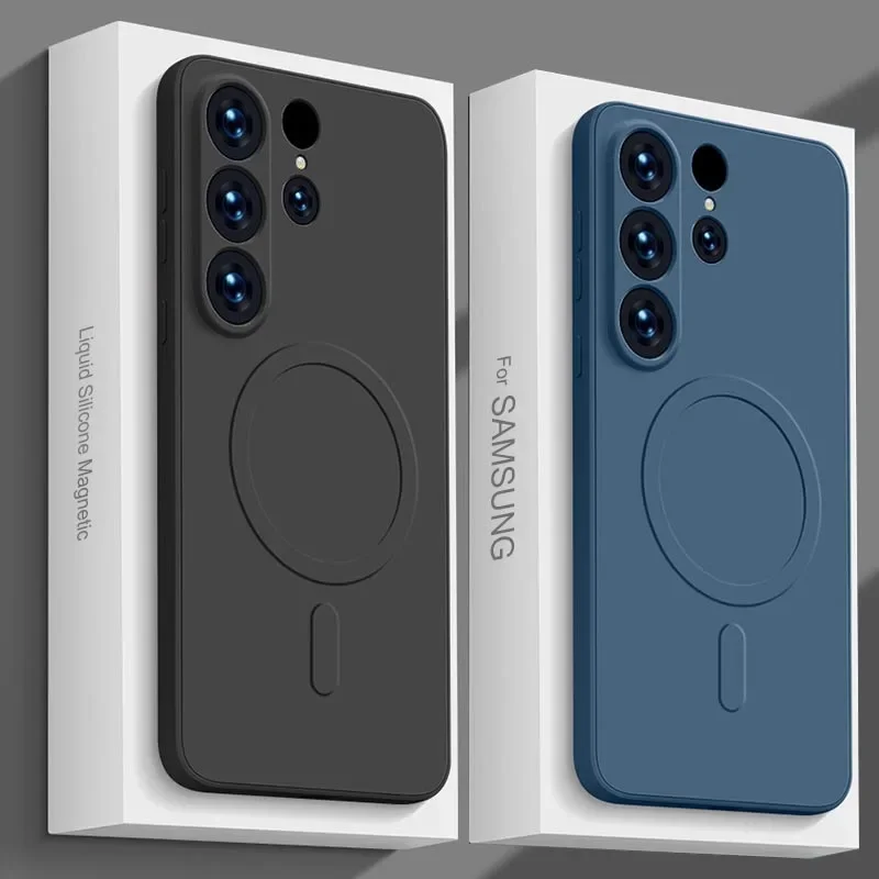 حافظة مغناطيسية من السيليكون السائل لهاتف Magsafe لهاتف سامسونج جالاكسي S24 S25 Ultra S23 Plus S22 S21FE Funda غطاء ناعم للشحن اللاسلكي