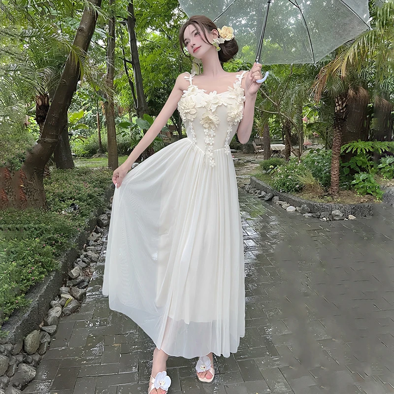 

Новое женское летнее сетчатое платье с трехмерным цветочным дизайном во французском стиле, милое элегантное длинное платье на подтяжках