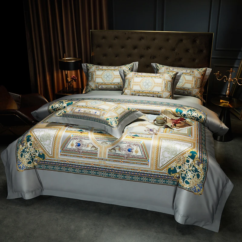 Royal Retro Printing Bedding Sets Egyptian Cotton Luxury Europe Style Noble Duvet Cover Bed Sheet Pillowcases King Queen Size