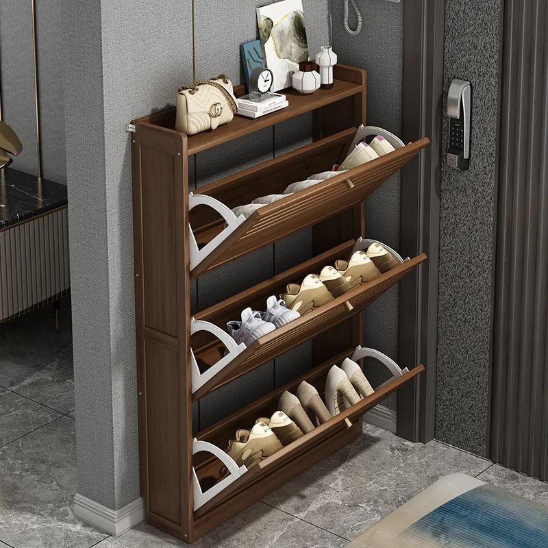 Wooden Shoe Racks Storage Organizer Entrance Shoes Closet Cabinet Space Saving Ultra-thin Shoe Rack Vertical Closed Shoe Cabinet