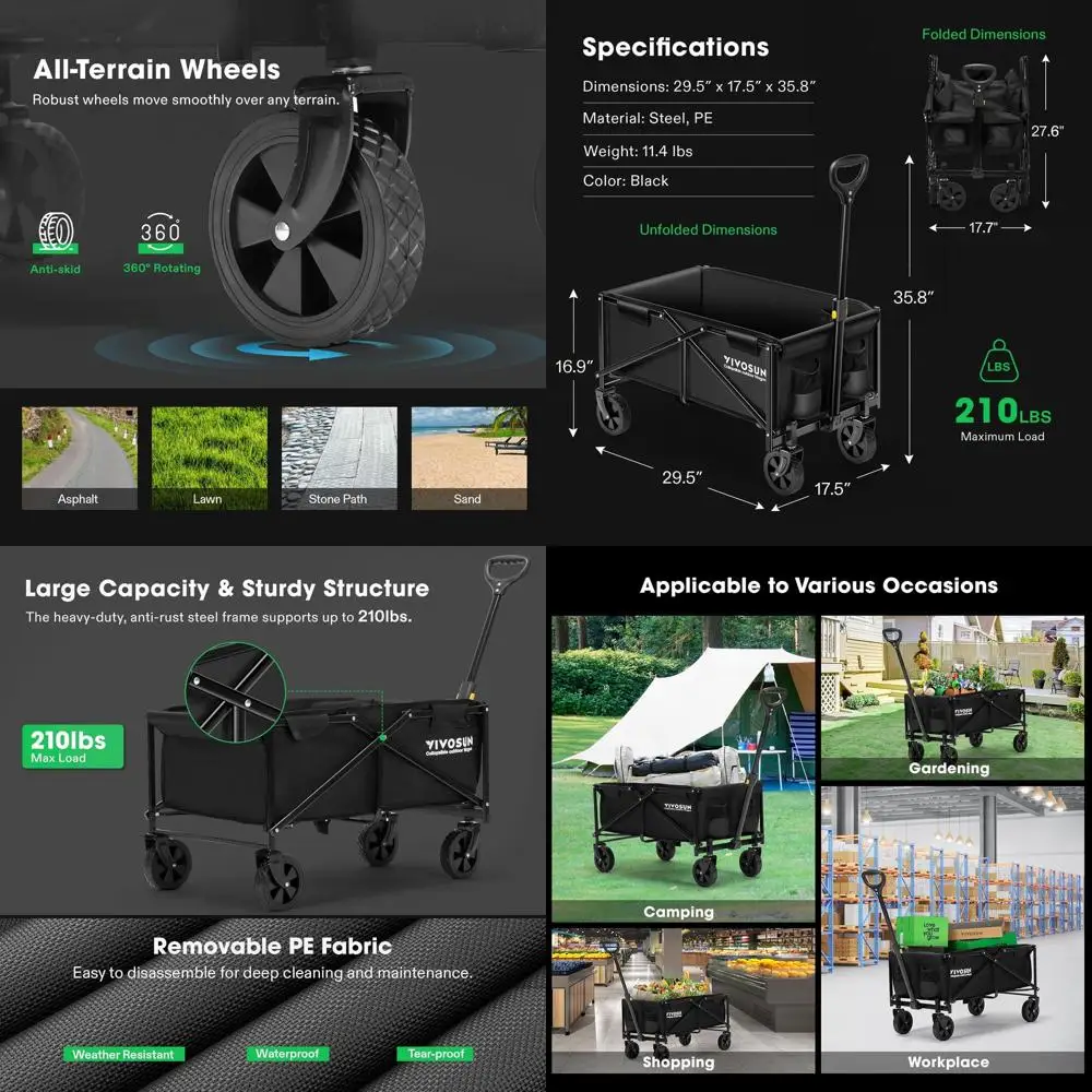 

Folding Utility Wagon for Outdoors, All-Terrain, Adjustable Handle, Cup Holders, Side Pockets, 210Lbs Capacity, Suitable for Cam