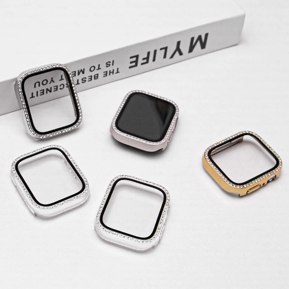 جديد الزجاج + الماس الحال بالنسبة لساعة أبل سلسلة 10 9 8 7 6 5 4 se 46 مللي متر 42 44 مللي متر-40-41-45 مللي متر بلينغ الوفير حامي الشاشة اكسسوارات