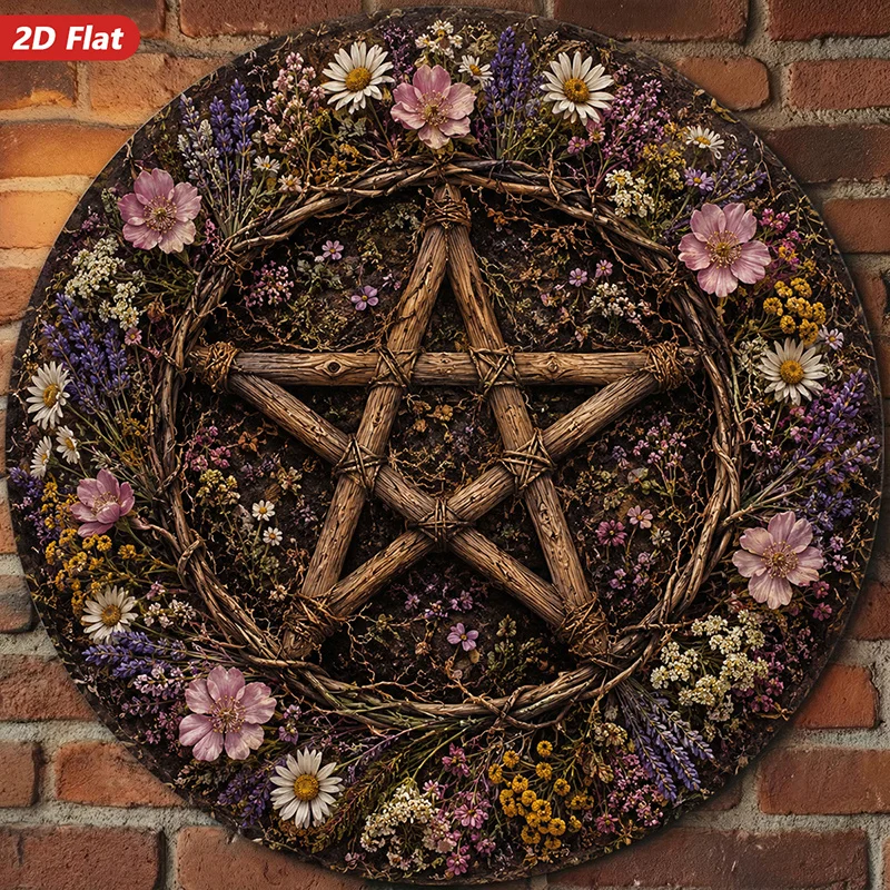 2D Flat, 1pc Rustic Floral Pentacle Round Metal Sign Wall Art, Earthy Twig Symbol, Home Decor, Wildflowers And Lavender,