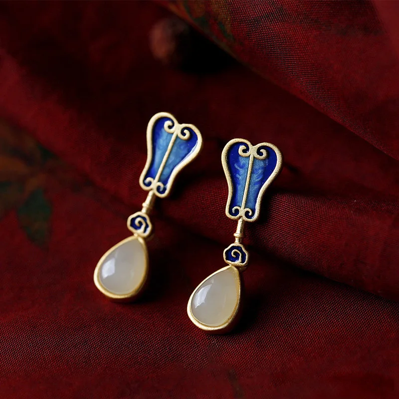 

Chinese Style Ancient Method Colored Glaze Enamel Inlay Jade Classical Women's Earrings Retro Accessories
