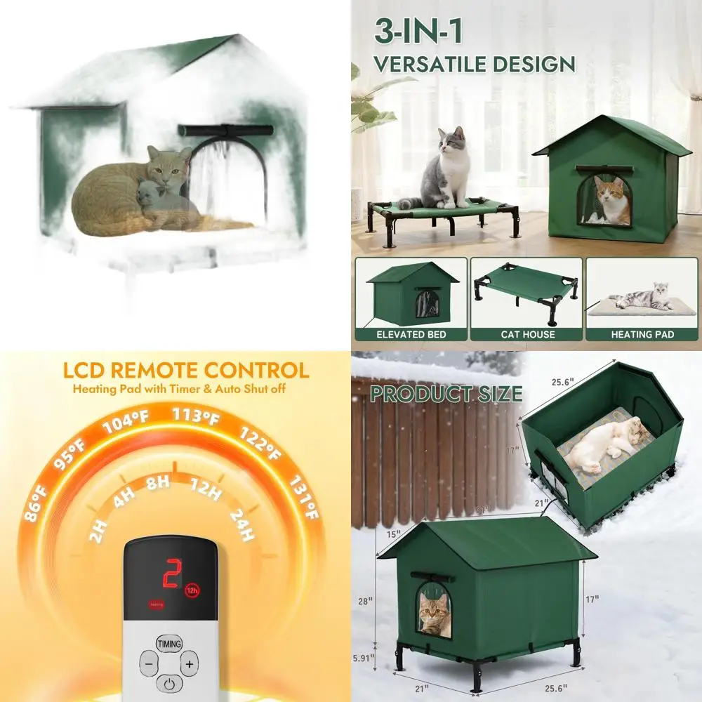 

Outdoor Weatherproof Heated Cat House - 3-in-1 Shelter for Feral Cats, 31.1L x 25.6W x 27.9H