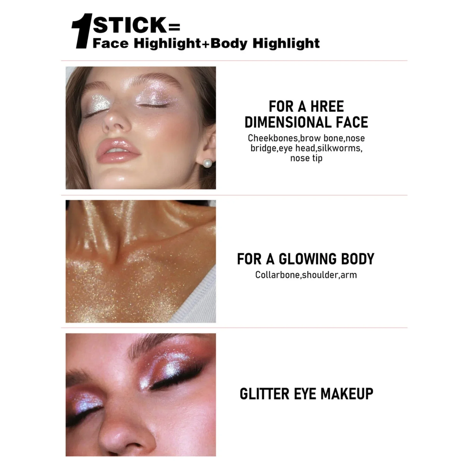 ใหม่ 6 สี Jelly Highlight Stick Face Body ประกายแต่งหน้าที่สวยงาม Shimmer Lip Eyes เครื่องสําอางค์ Silky Smooth Glitter Highlighter