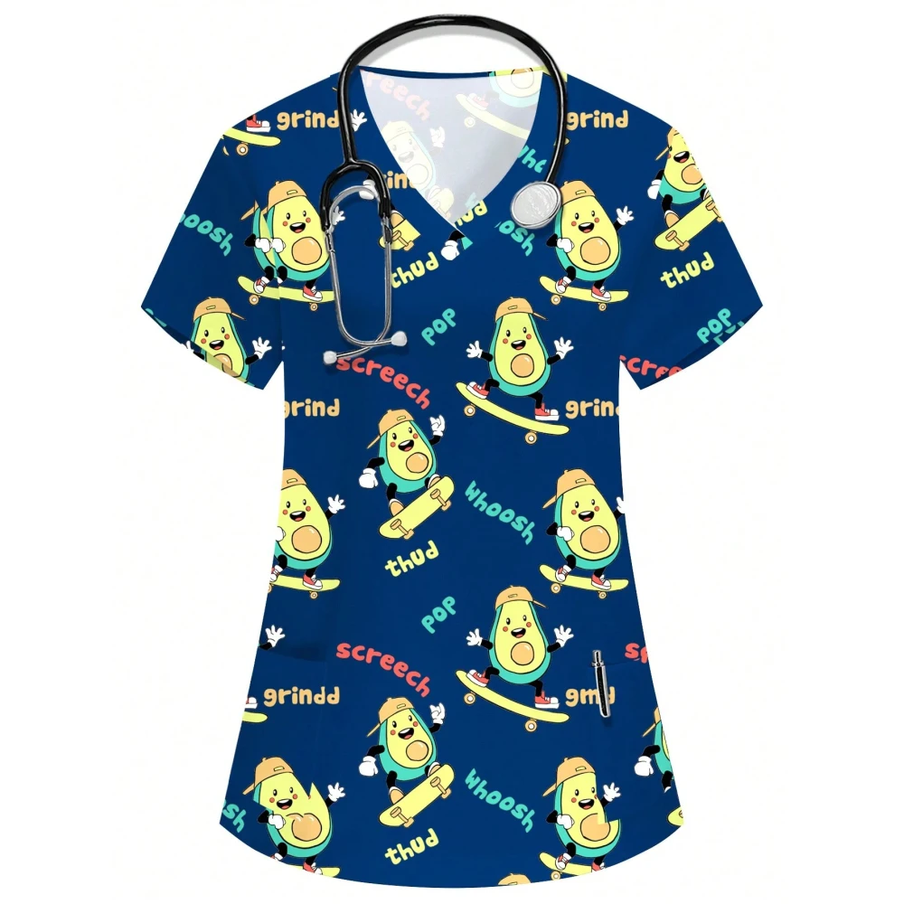 Damenbekleidung, V-Ausschnitt, Fantasy-Schmetterlingselement, 3D-gedruckte Krankenschwester-Arbeitskleidung mit Taschen, T-Shirt, lässiges Kurzarm-Oberteil