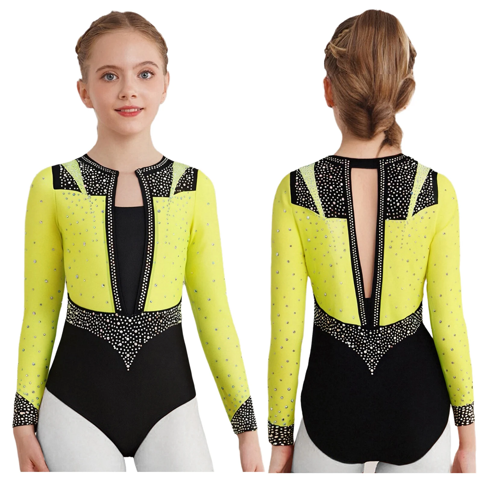 

Kids Girls Ballet Gymnastics Leotard Rhinestones Unitard Long Sleeve Keyhole Back Figure Skating Bodysuit for Stage Performance