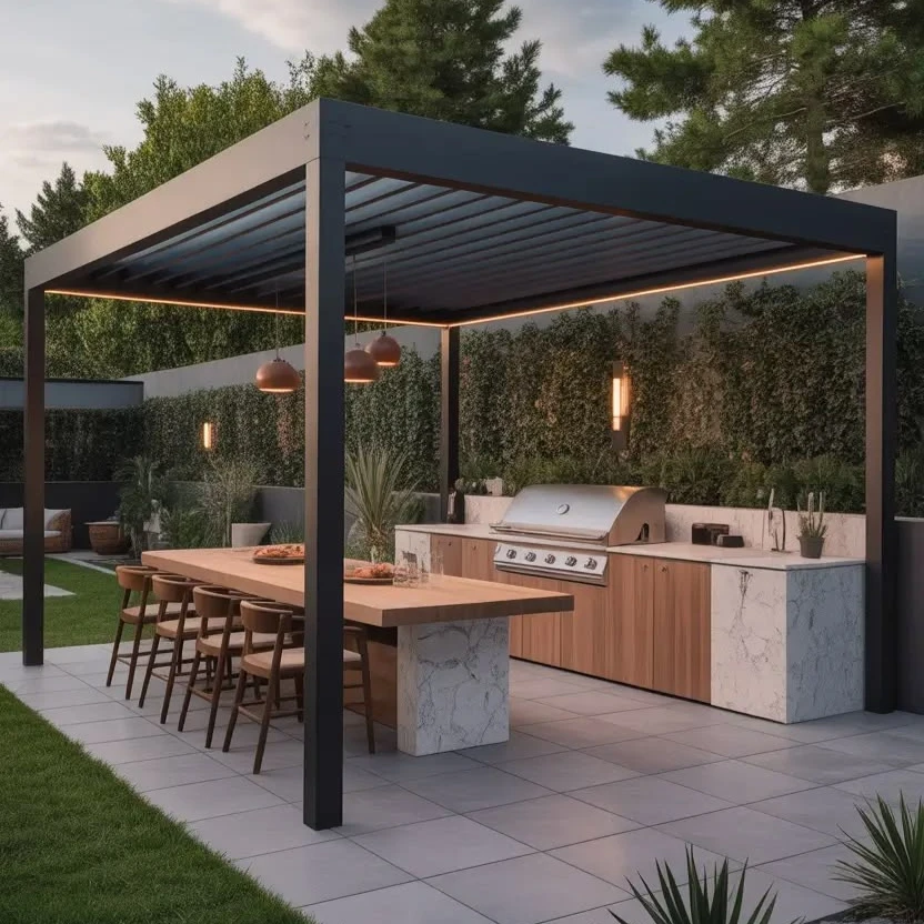 Motorized Bioclimatic Louvred Roof Aluminum Pergola Remote Control Metal Exterior Sunshade for Garden Outdoor Kitchen Pavilions