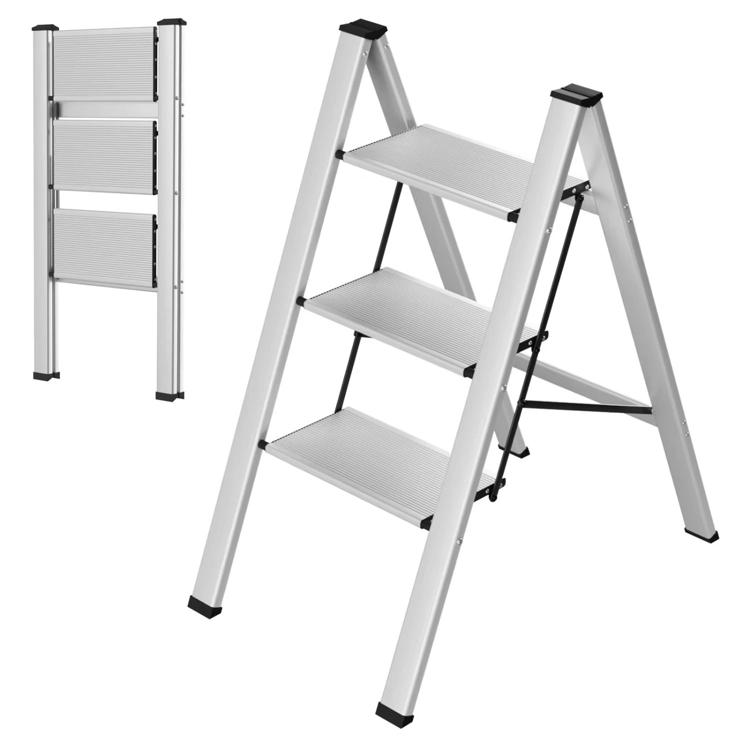 AOOU 3-traps ladder, opvouwbare opstapkruk met brede antislippedalen, draagbare lichtgewicht aluminium ladder