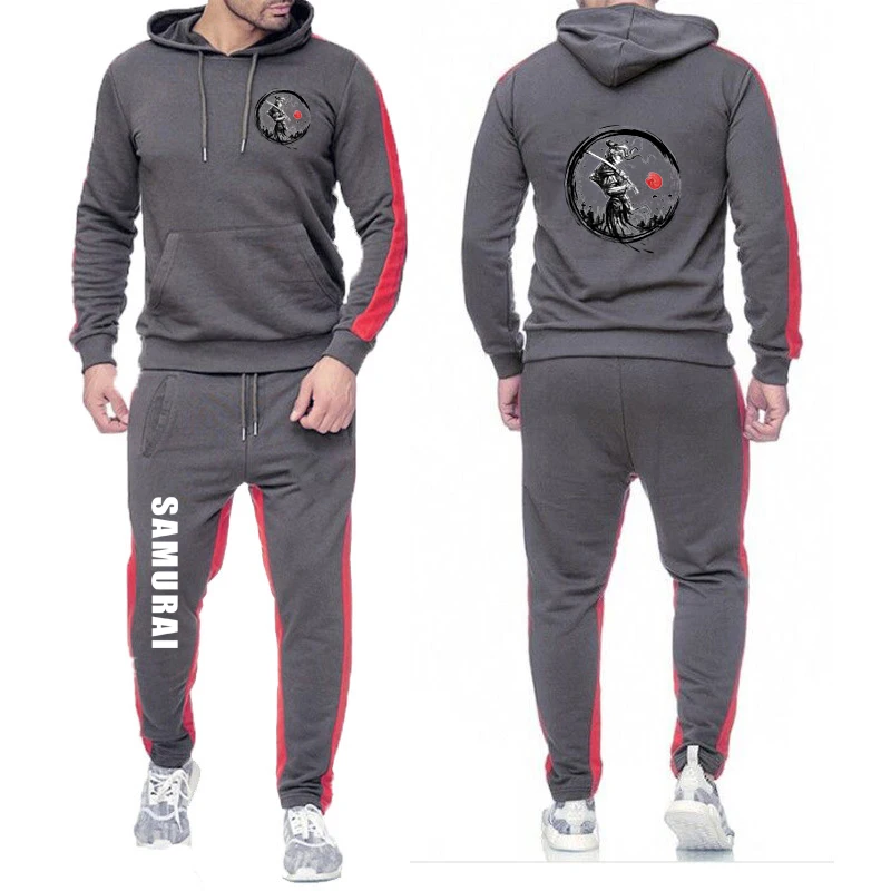 

2025 Spring Autumn Japanese Samurai Graphic Printed Men's Solid Color Sports Loose Set Hoodies+ Casual Sweatpants Suits