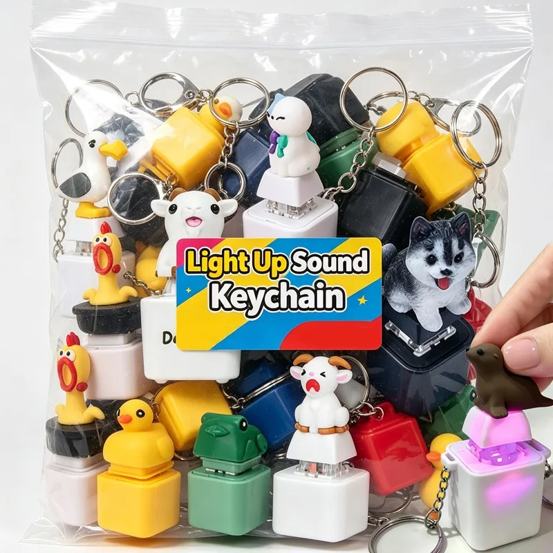 Creative Light Sound Fidget Toy Keychain Press Button Seal Cute Cartoon Click Stress Relief Bag Pendant Key Ring Gift Kid Adults