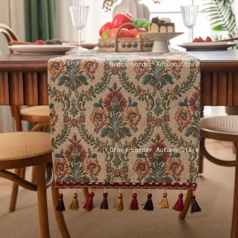 Home Decoration Vintage Jacquard Table Runner Flower Pattern  Thickened Table Cover Banquet 30-120cm