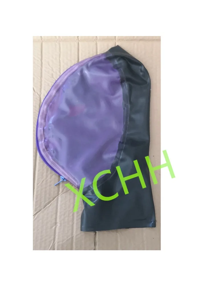 

Handmade Latex Hood Rubber Mask Transparent Purple Front Back Zip Sexy Fetish Headgear Customize Cosplay Costumes for Men Women