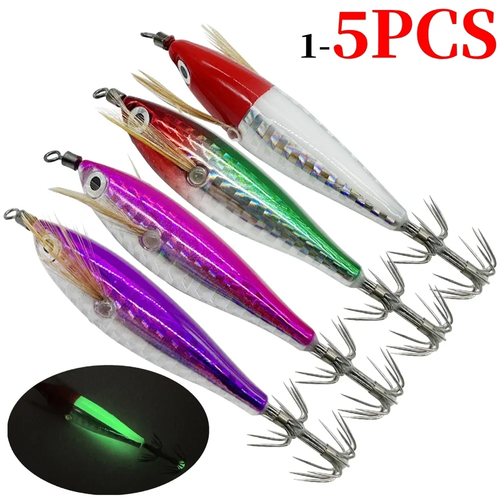 5.5g Laser Slow Mixed Minnow Fishing Lure  Squid Hook Jigs Wood Shrimp Hooks Noctilucent Squid Cuttlefish Jigs Bait Spinnerbait