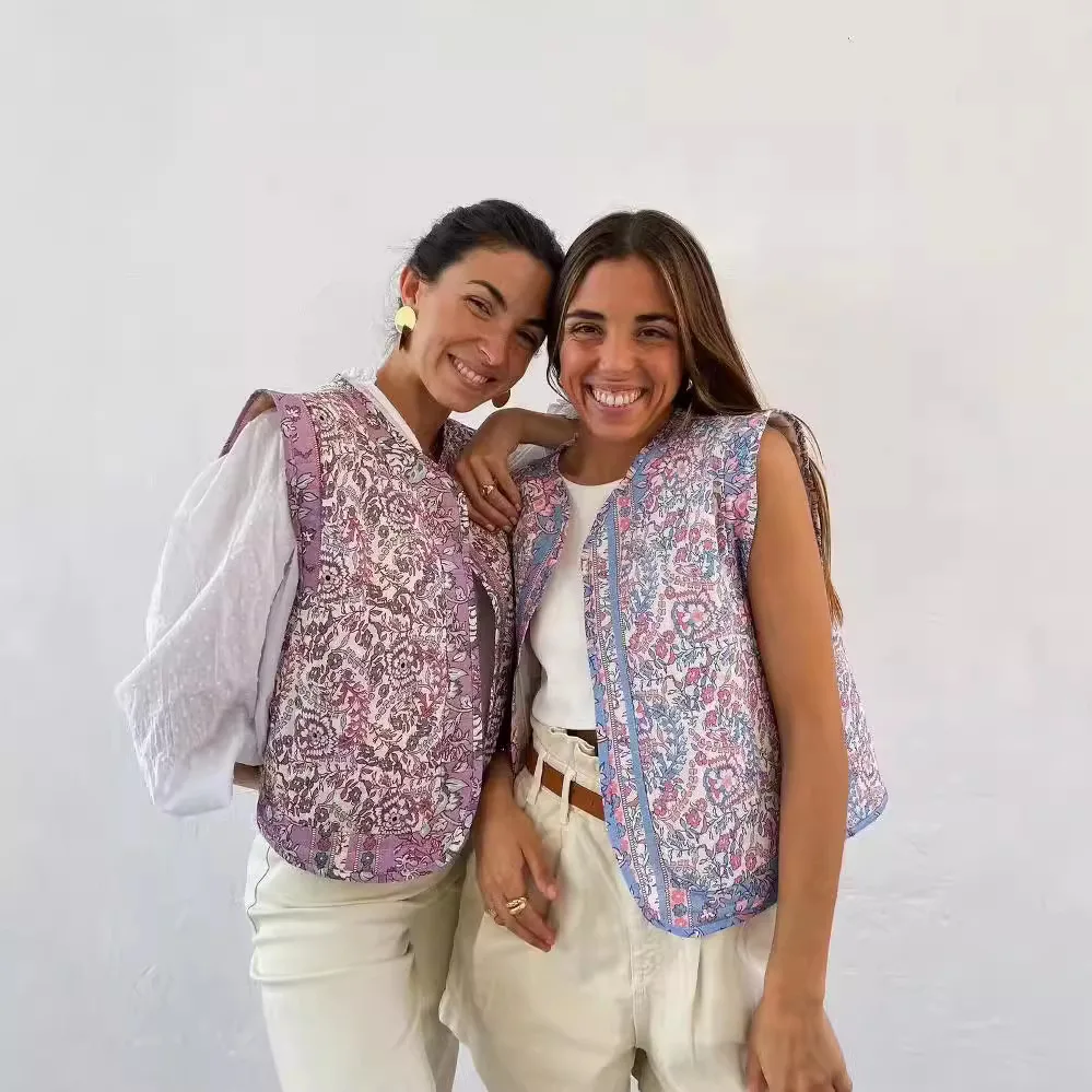 Chaleco de algodón estampado para mujer, chaqueta elegante de algodón acolchada corta con estampado de flores, cuello redondo Retro para ir al trabajo, novedad de 2024