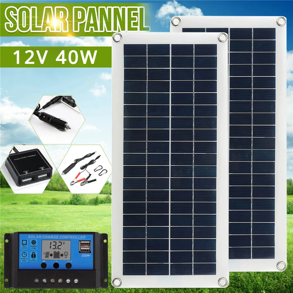 12V 태양 전지 패널 키트 충전 배터리 컨트롤러 50W 전원 2 USB 포트 야외 캠핑 셀 SunPower 은행 전화 RV 자동차