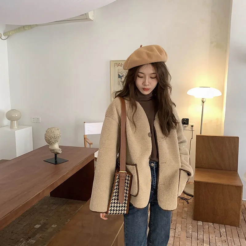 Autumn Winter Fashion Lambswool Jackets Vintage Korean Thicken Warm Long Sleeve V Neck Loose Coat High Street Clothes for Women