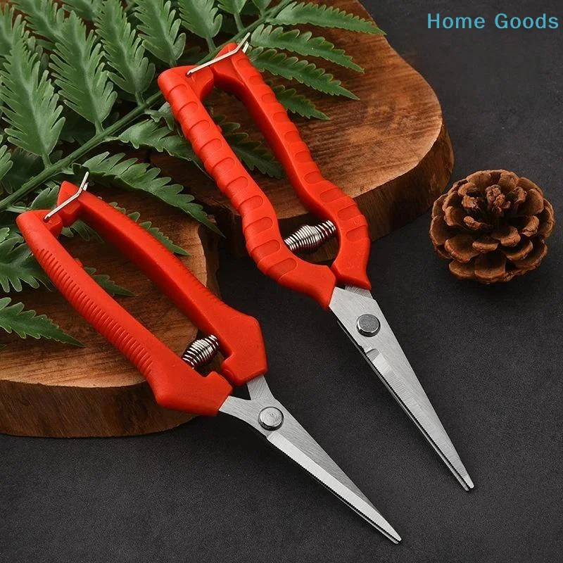 1Pcs Stainless Steel Garden Pruning Shears with Non-Slip Red Handles Spring Loaded Trimming Tool for Home Gardening