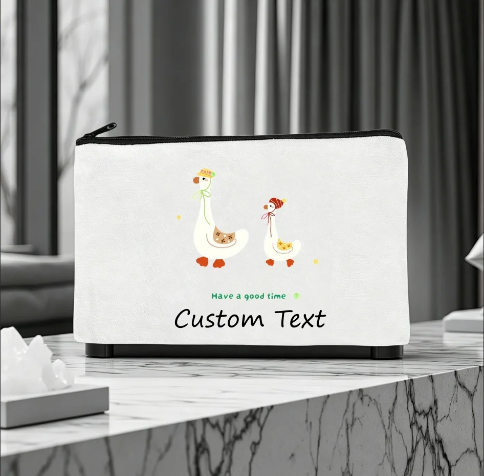 1PC Custom Text Two Cute Hat‑Wearing Goose Have A Good Time Canvas Cosmetic Pouch Zipper Makeup Storage Bag
