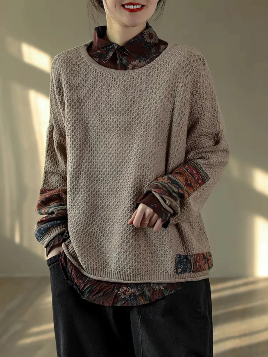 Vintage Print Patchwork Sweater Spring Fall Fashion Women\'s Loose Casual Long Sleeve Knitting Pullovers Female Elegance Knitwear