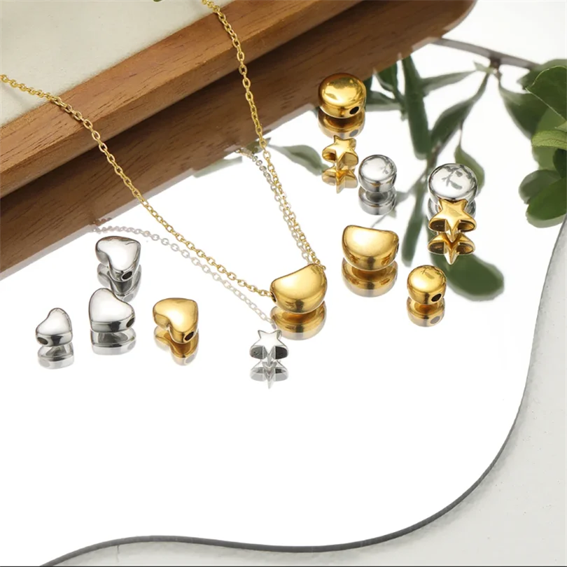 Stainless Steel 10pcs/Lot Different Geometry Shapes Bent Pipe Moon Star Fold Texture Large And Small Hole Beads DIY Necklace