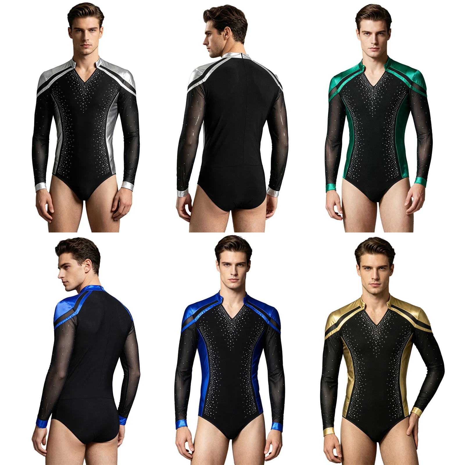 Men Long Sleeve Shiny Rhinestone Sheer Mesh Figure Skating Bodysuit Latin Dance Cha-cha Ballet Gymnastics Leotard Dancewear
