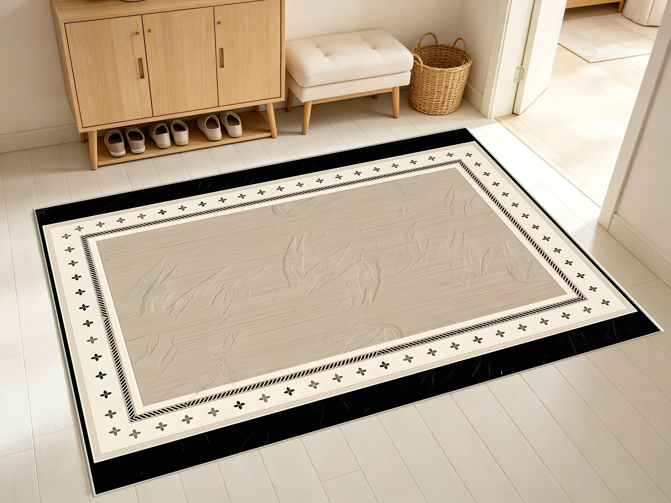 Beige‑Coffee Black Bordered Area Rug, Minimal Multi‑Layer Geometric Frame with Subtle Texture, Cozy Autumn Winter Mat for Entryway Living Room Home Decor
